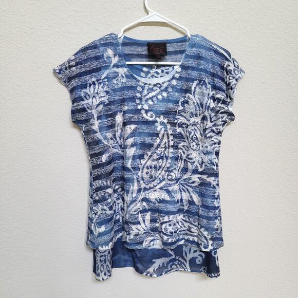 French Blue T Shirt Womens Size Petite Large Floral Stripe Short Sleeve Summer - Picture 1 of 11